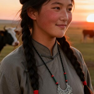 May include: A grey tunic with a high collar, worn with a fur-trimmed hat featuring a central red stripe. A necklace with a silver crescent-shaped pendant, red and green beads, and black cord hangs around the neck. The hair is styled in two braids.