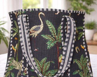 Gewatteerde draagtas, katoenen shopper met jungledierenprint, milieuvriendelijke alledaagse tas
