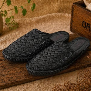 Handmade Black Woven Leather Mules, Men's Summer Sandals