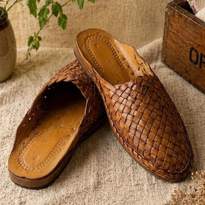 Handmade Woven Leather Mules, Brown Ethnic Kolhapuri Sandals for Women