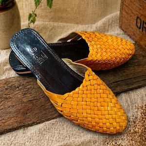 Handmade Yellow Woven Leather Mules, Women's Summer Sandals