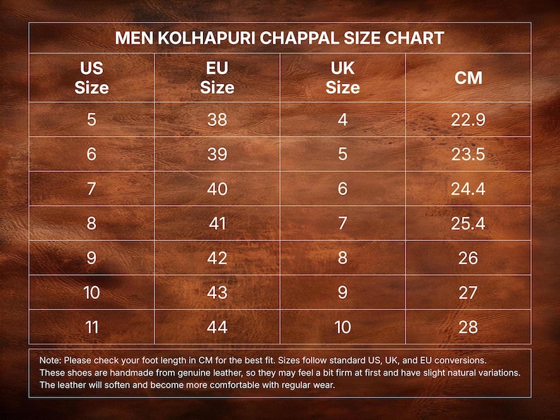 May include: A men's Kolhapuri chappal size chart showing US, EU, and UK sizes, with measurements in centimetres. Sizes range from UK size 4 (22.9 cm) to 10 (28 cm). The chart is presented on a brown wooden surface.