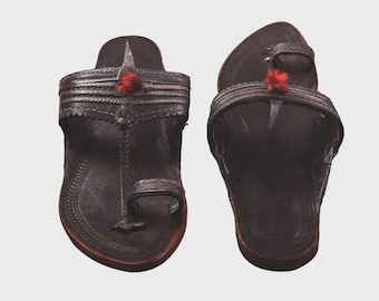 Traditional Indian Kolhapuri Chappal, Black Leather with Red Tassels