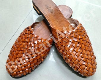 Handmade Brown Woven Leather Mules, Women's Summer Sandals