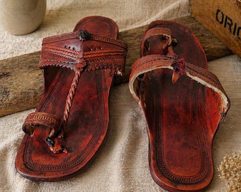 Handcrafted Brown Leather Kolhapuri Chappal, Indian Ethnic Slip-On Sandals