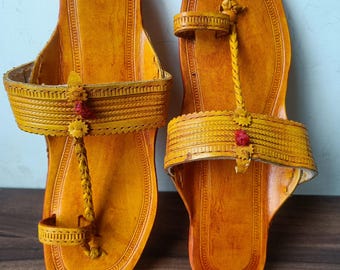 Handcrafted Yellow Leather Kolhapuri Chappal, Women's Indian Mojari Footwear
