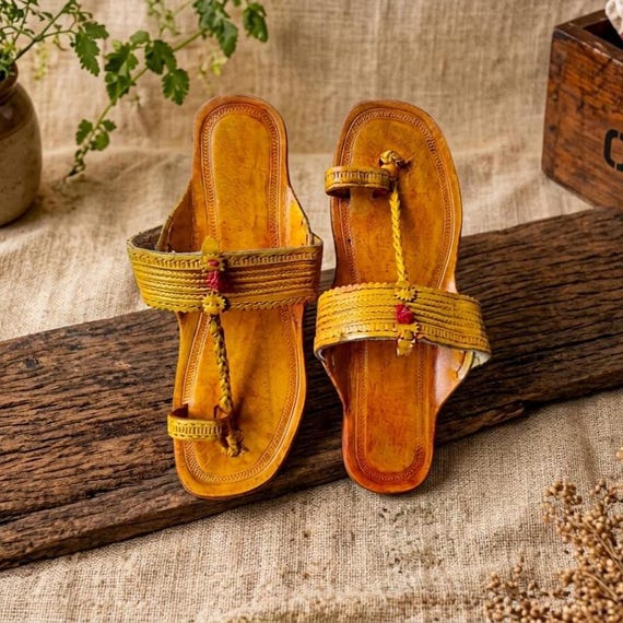 Leather slippers for women, Kolhapuri slipper, Indian Mojari footwear, handcrafted yellow leather flats, wedding and festival sandals