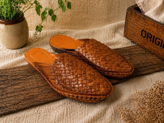 Handmade Brown Woven Leather Mules, Men's Summer Sandals