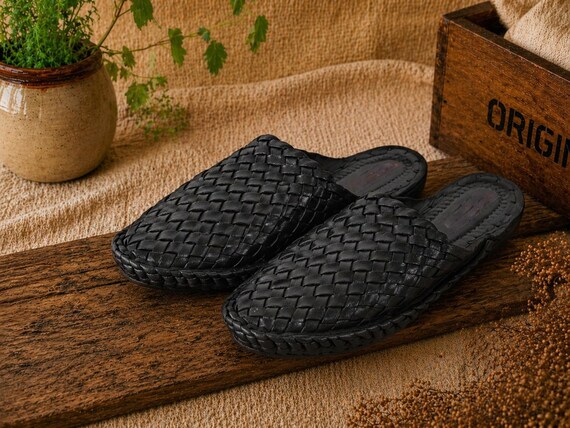 Handmade Black Woven Leather Mules, Men's Summer Sandals