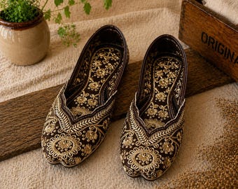 Hand Embroidered Brown Bridal Jutti | Traditional Khussa Wedding Flats for Brides