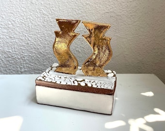 Handmade Ceramic Jewelry Box: Golden Dancing Figures, Engagement Ring Box