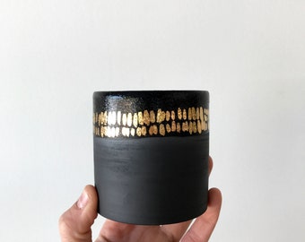 Black and gold dash cup. Black ceramic tumbler. The Object Enthusiast. Modern ceramic home decor. Ceramic cup. Whiskey cup. Coffee cup.