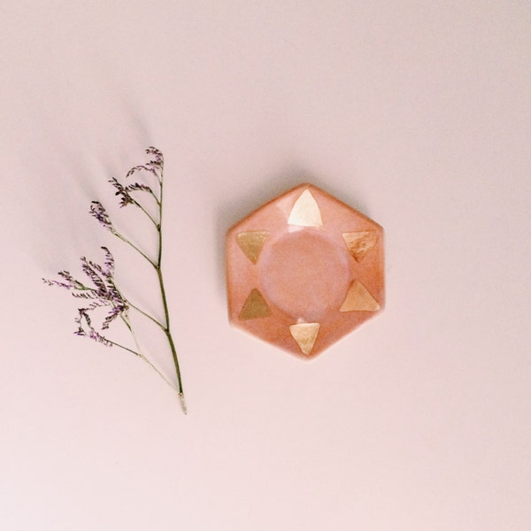 light pink porcelain hexagon ring dish with gold triangles