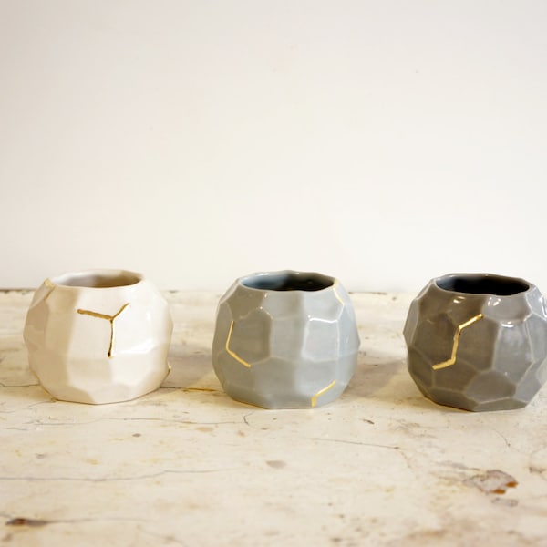 MADE TO ORDER set of 3 ombre mini faceted vessels - gray to white with gold detailing