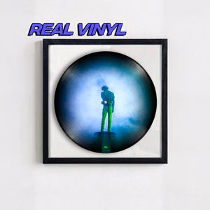 Puede incluir: Un disco de vinilo negro enmarcado que presenta a una persona en un escenario con iluminación verde y azul. El texto "REAL VINYL" está encima del disco. El disco está en un marco negro y montado sobre un fondo blanco.