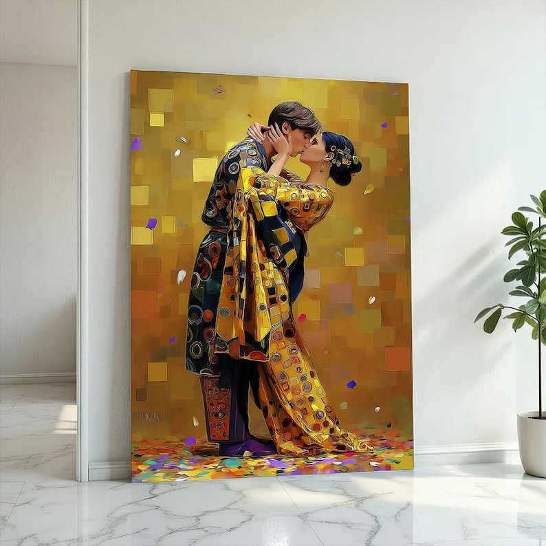 Gustav Klimt Inspired Golden Kiss Canvas Wall Art Print Luxurious ...