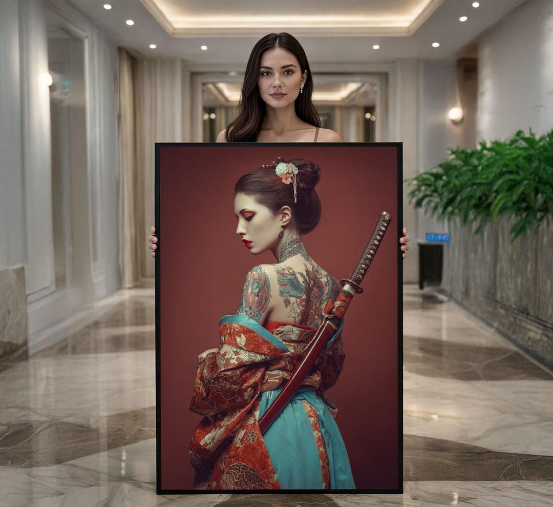 Elegant Samurai Woman Canvas Wall Art Print Red and Teal Bedroom Decor ...