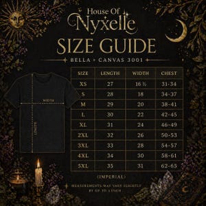 May include: A size guide for Bella + Canvas 3001 t-shirts, with measurements in inches. The guide includes sizes XS to 5XL, with length, width, and chest measurements. The text "House of Nyxelle" is at the top.