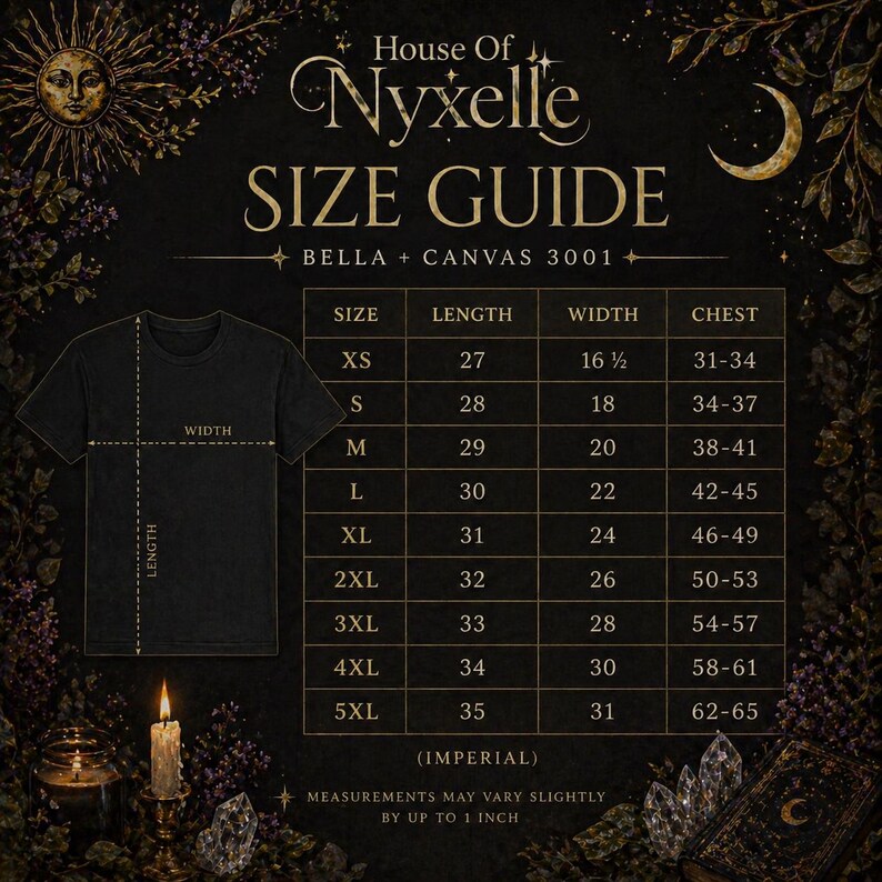 May include: A size guide for Bella + Canvas 3001 t-shirts, with measurements in inches. The guide includes sizes XS to 5XL, with length, width, and chest measurements. The text "House of Nyxelle" is at the top.