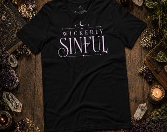 Wickedly Sinful Graphic Tee, Celestial Moon Shirt, Dark Feminine Gothic Boho Apparel