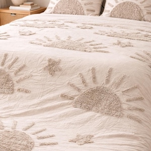 Juego de ropa de cama estilo bohemio, funda nórdica de algodón con diseño de sol y estrella y cierre de cremallera.
