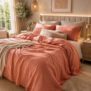 Set copripiumino color corallo, biancheria da letto in lino lavato con federe