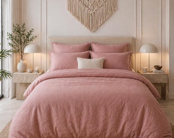Rose Pink Linen Duvet Cover Set, 4 Piece Luxury Boho Bedding Decor