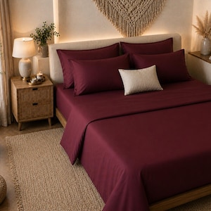 Burgundy Linen Bedding Set Fitted Sheet Flat Sheet Beige Pillow Covers Soft Luxury