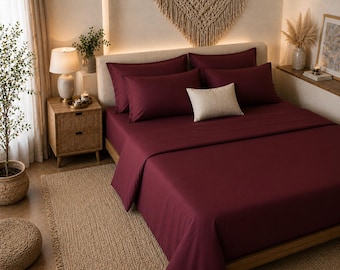 Burgundy Linen Bedding Set Fitted Sheet Flat Sheet Beige Pillow Covers Soft Luxury