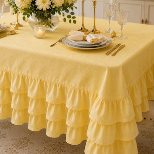 Pastel Yellow Ruffle Tablecloth, Elegant Dining Cover for Farmhouse Decor