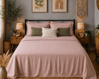 Set di biancheria da letto in lino rosa cipria: set di 4 lenzuola morbide e traspiranti.