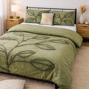 Dark Green Tufted Duvet Cover, Cotton Set with Raised Leaf Pattern