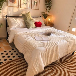 100% Cotton Tufted Duvet Cover Set, Boho Farmhouse Bedding, Textured Ivory Zigzag Design