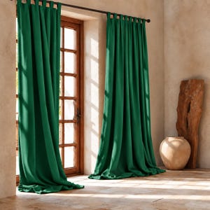 Emerald Green Cotton Curtains, Solid Window Drapes, Boho Home Decor, Tab Top Panels