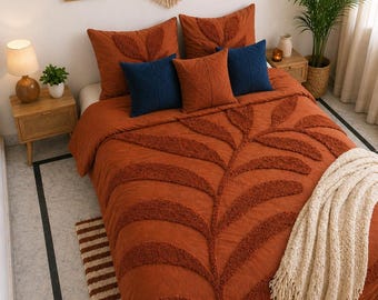 Set copripiumino trapuntato color ruggine e cannella, biancheria da letto boho, cuscini blu, plaid bianco, decorazione