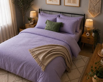 Lavendel linnen dekbedovertrek Zacht ademend beddengoed Set minimalistisch getextureerd gezellig interieur