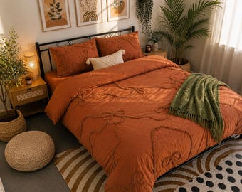 Terracotta getufte dekbedovertrekset katoenen boho-beddengoed 5-delig modern design