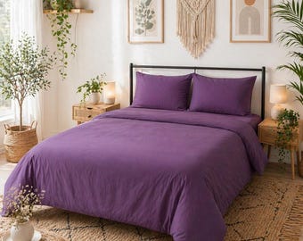 Juego de funda nórdica de lino color malva, ropa de cama bohemia, decoración minimalista para dormitorio, juego de ropa de cama de 4 piezas