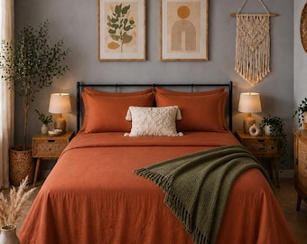 Terracotta Linen Flat Sheet Set With Pillow Covers Boho Minimalist Bedding Soft Breathable Fabric