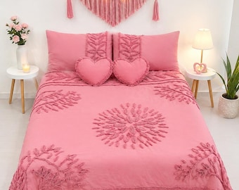 Tufted Cotton Duvet Cover Set Pink Boho Bedding Heart Cushion Soft Handmade Quilt