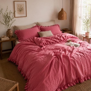 Pink Linen Bedding Set with Ruffle Duvet Cover, Soft Washed Farmhouse Decor