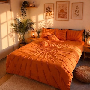 Funda nórdica acolchada, color naranja quemado, 100 % algodón, juego de 5 piezas con diseño de sol.
