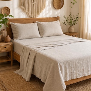 Ensemble de draps en lin naturel, literie respirante avec taies d'oreiller beiges