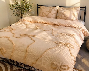 Luxe katoenen getuft dekbedovertrek met bloemen boho dekbed kingsize neutraal beddengoedset