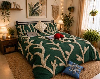 Emerald Green Cotton Duvet Cover Set Tufted Boho Bedding Textured Floral Luxury Bedroom Decor