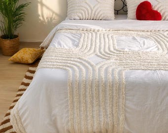 Funda nórdica de algodón con textura en color marfil: Ropa de cama de estilo rústico bohemio, diseño texturizado en zigzag.