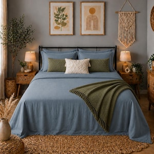 Dusty Blue Linen Bedding Set Fitted Sheet Flat Sheet Two Pillow Covers Soft