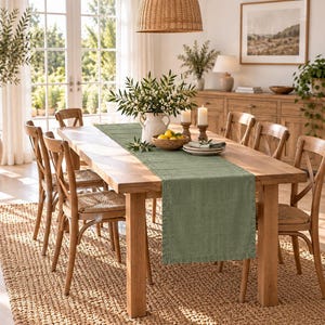 Sage Green Linen Table Runner, 100% Textured Dining Decor