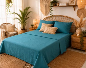 Turquoise Linen Bed Sheet Set, Natural Breathable Bedding, Boho Style Home Upgrade
