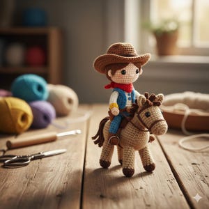 Op de afbeelding: Gehaakte cowboypop op een gehaakt paard. De cowboy draagt een bruine hoed, rode sjaal, blauw vest en blauwe broek. Het paard is bruin met bruine details. De pop staat op een houten oppervlak met garen en knutselspullen op de achtergrond.